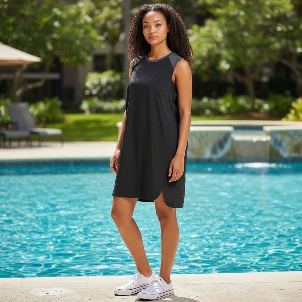 Lole S Black Gray Athletic Crew Neck Dress Luxury Sporty Preppy Boardwalk Beach